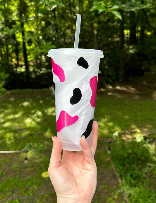 Cold Cup w/ Vinyl - Pink and Black Cow Print