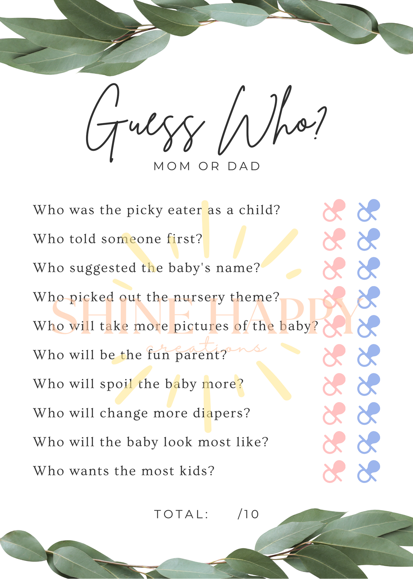 Baby Shower Guest Activity - Guess Who Mom vs Dad - Simplistic with Greenery - DOWNLOADABLE (pdf) PRINTABLE