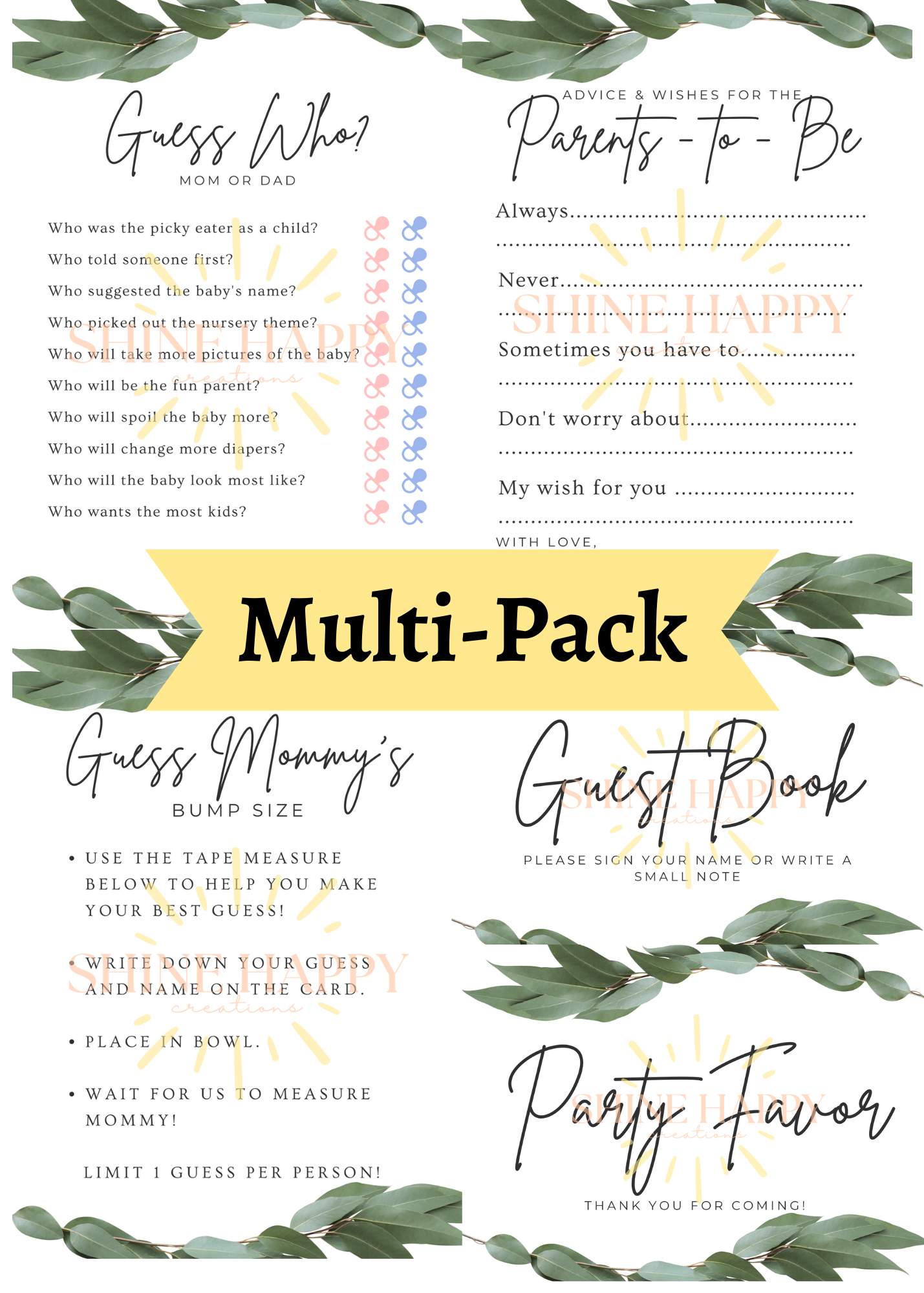 Baby Shower Downloads - Multi Pack - Simplistic with Greenery - DOWNLOADABLE (pdf) PRINTABLE