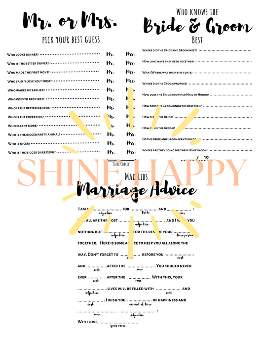 Wedding Guest Activities (3 PACK) - Mad Libs, Mr or Mrs, Who knows the Couple Best - Engagement/Wedding, DOWNLOADABLE, PRINTABLE, 8.5x11 pdf