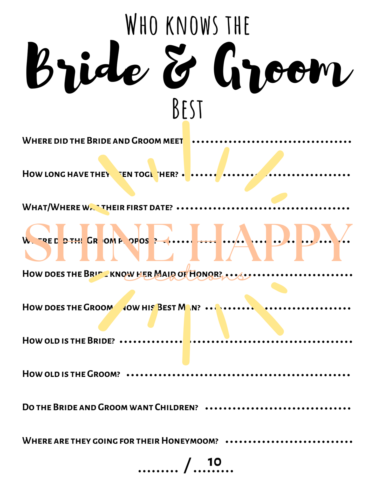 Wedding Guest Activity - Who knows the Bride & Groom Best - Engagement/Wedding, DOWNLOADABLE (pdf), PRINTABLE