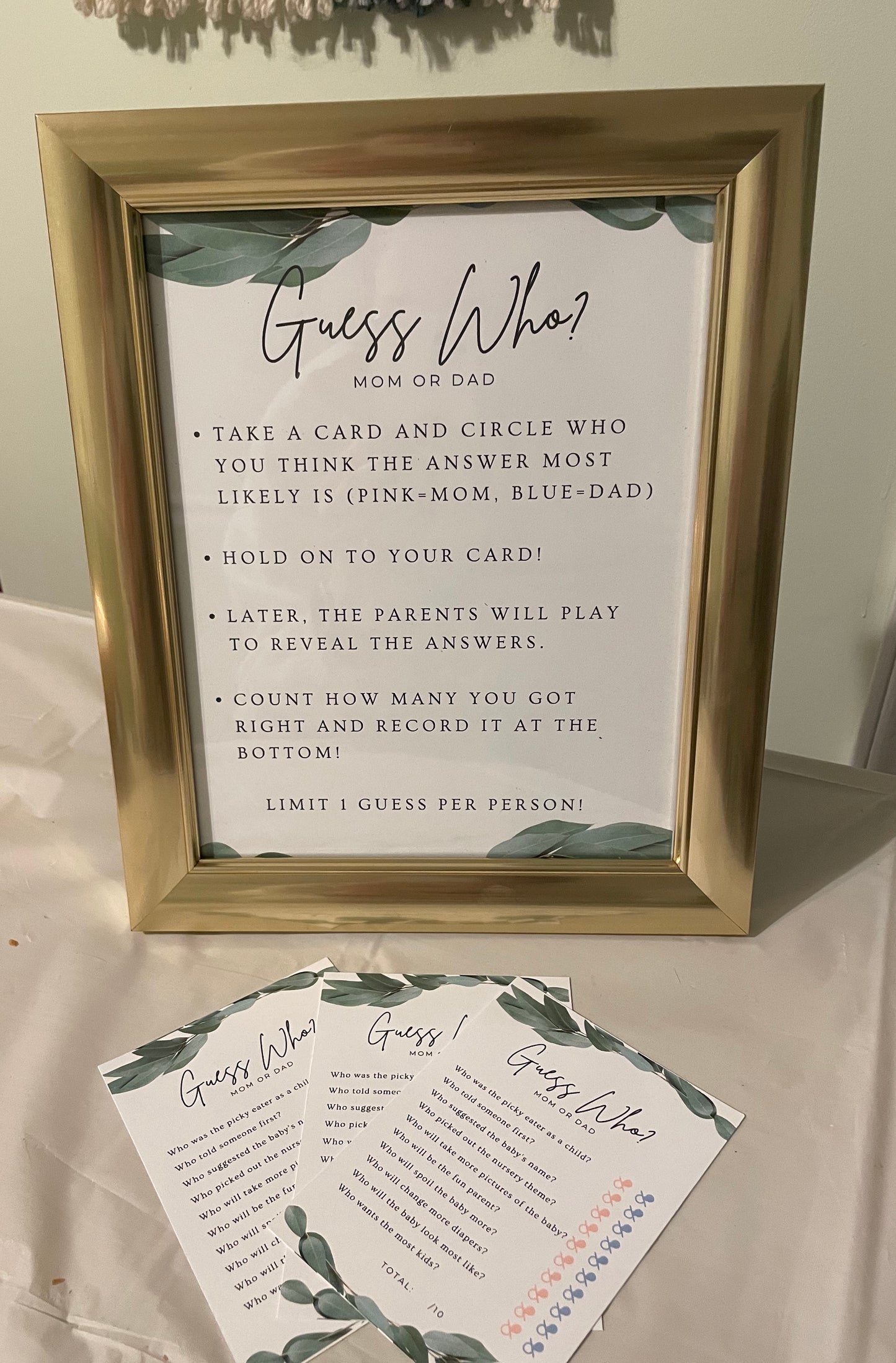 Baby Shower Guest Activity - Guess Who Mom vs Dad - Simplistic with Greenery - DOWNLOADABLE (pdf) PRINTABLE